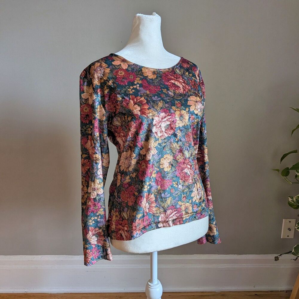 Vintage 90s Iskia Floral Velvet Top Fairycore Grunge Whimsygoth Size Medium